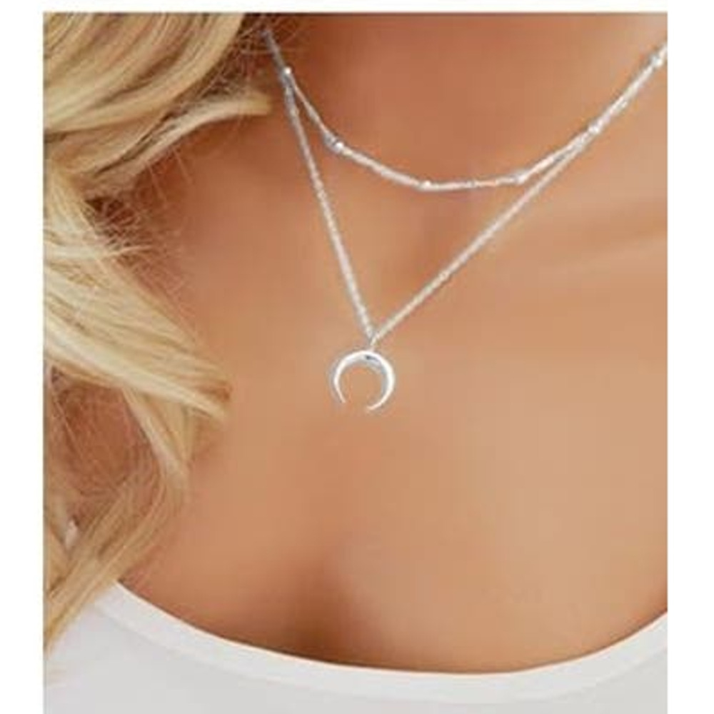 New Dainty Layered Coastal Crescent Moon Choker Chain Necklace Silver A0125